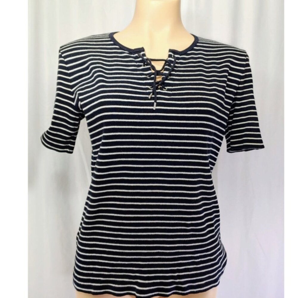 EUC Lauren Ralph Lauren Women's Large Black White Striped Tie Front T-shirt